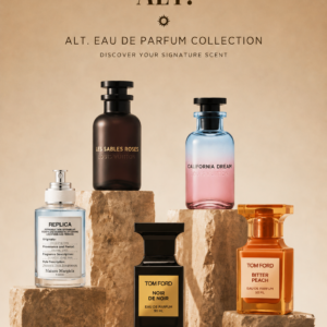 Assorted perfume bottles from the ALT. Eau de Parfum Collection arranged on beige stone pedestals.