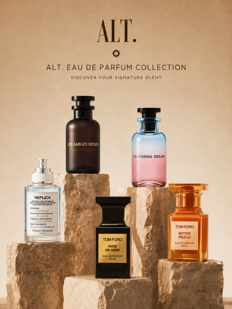 Assorted perfume bottles from the ALT. Eau de Parfum Collection arranged on beige stone pedestals.