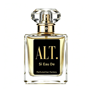 Close-up of a luxury perfume bottle with a faceted crystal cap and gold neck, set against a pale background.