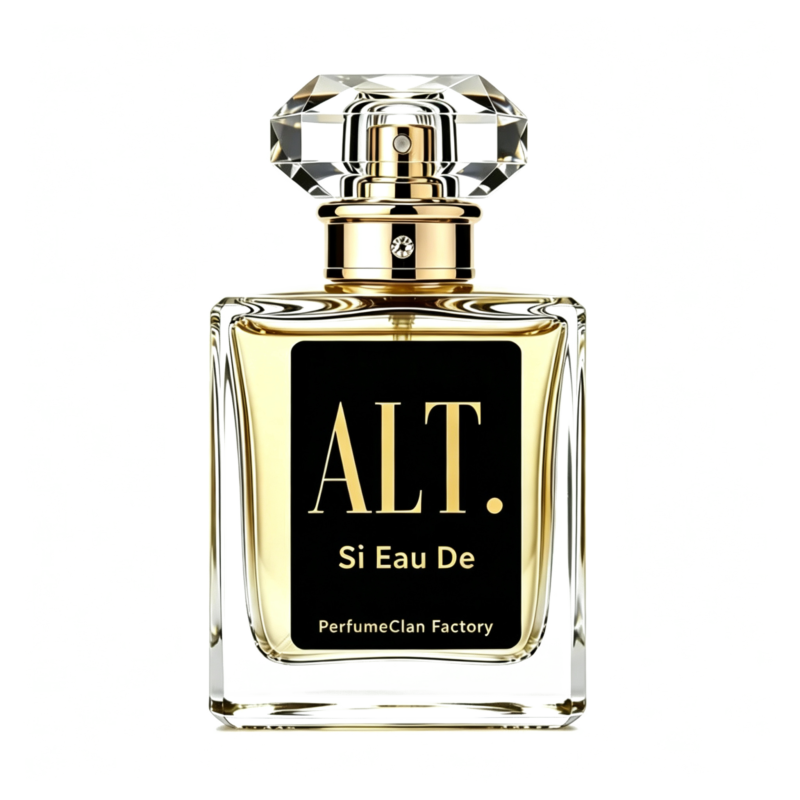 Close-up of a luxury perfume bottle with a faceted crystal cap and gold neck, set against a pale background.