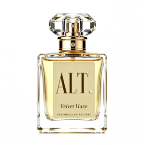 Crystal-edged perfume bottle with a gold-toned cap and Velvet Haze label at center. Transported by a luxurious, jewel-like stopper.