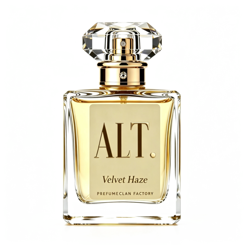 Crystal-edged perfume bottle with a gold-toned cap and Velvet Haze label at center. Transported by a luxurious, jewel-like stopper.